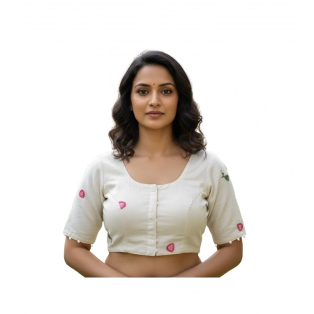 Generic Women's Cambric Cotton Round Neck Padded Blouse (White, 38 Ready Size (Self-Alterable 36–40)