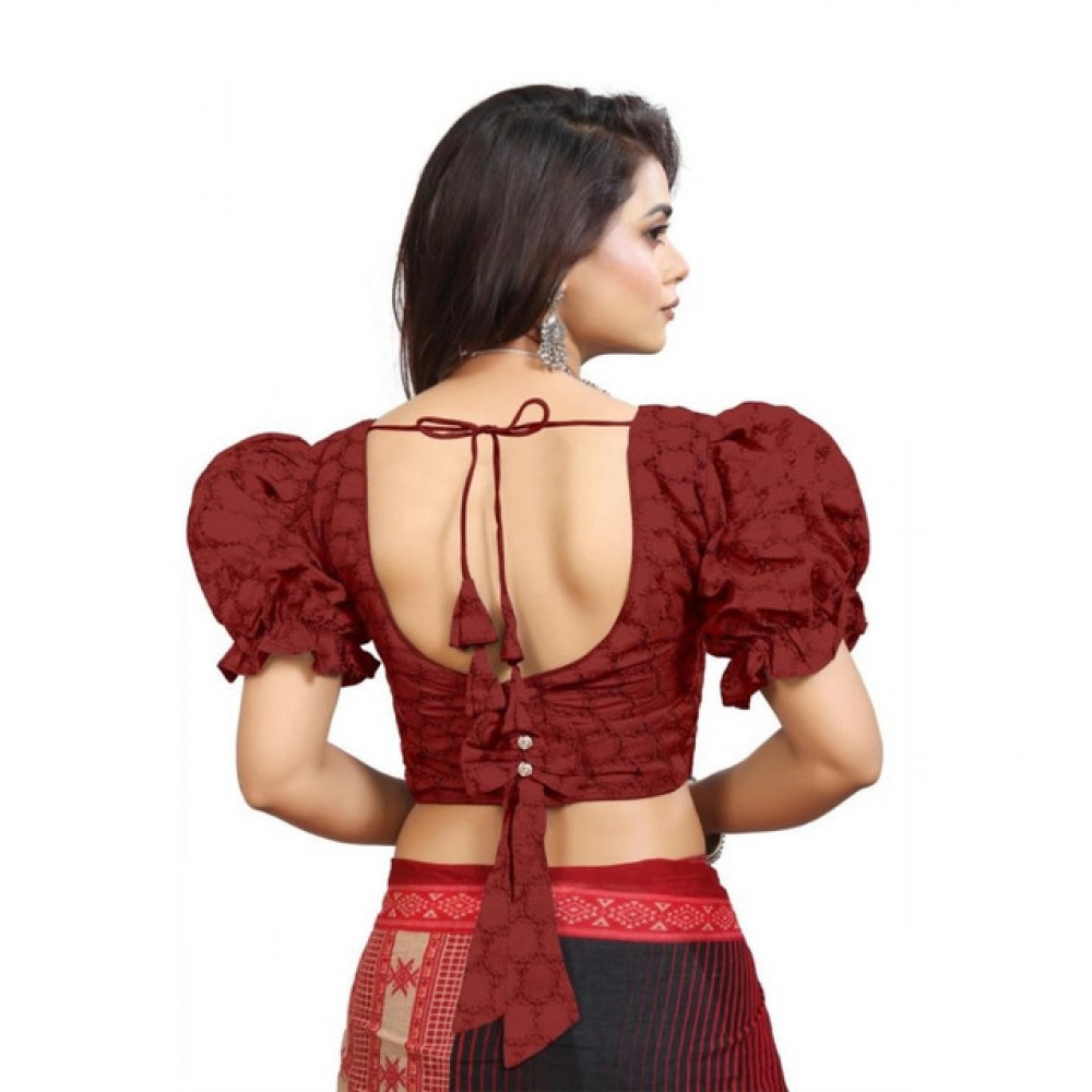 Women's Cotton Embroidered V-Neck Non Padded Blouse (Maroon 36 Ready (Alterable up to 42)