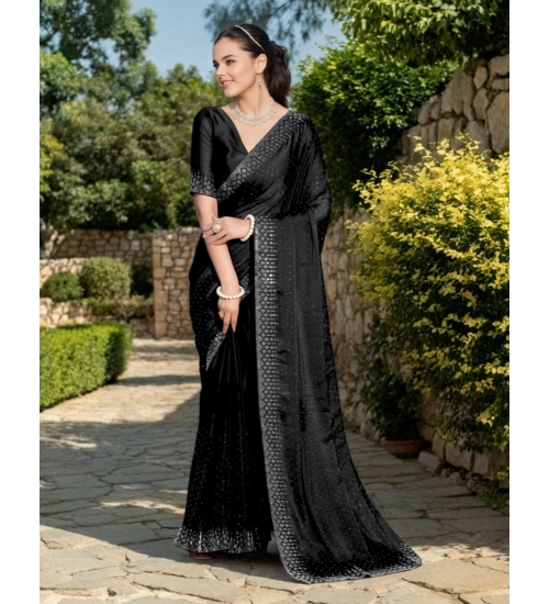 Generic Women's Rangoli Diamond Weaving - Stone Work Saree With Unstitched Blouse 5.5Mtr (Black)