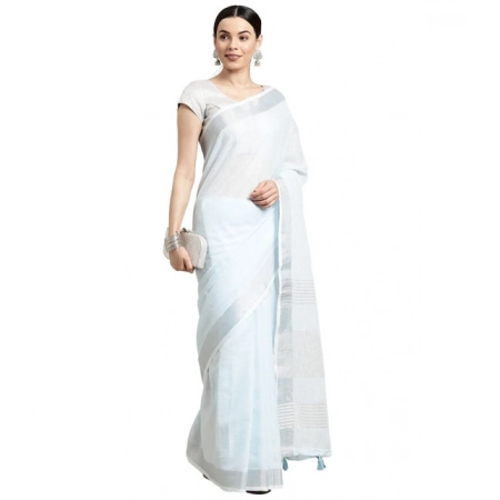 Generic Women's Linen Cotton Striped Saree With Unstitched Blouse 5.5Mtr (Sky Blue) Generic Women's Linen Cotton Striped Saree With Unstitched Blouse 5.5Mtr (Sky Blue)