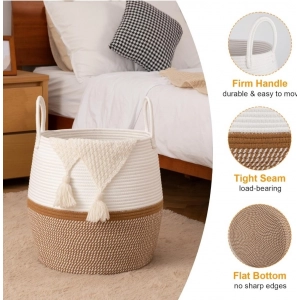 Generic Cotton Matka With Handle 14x12 Inch Storage Basket For Clothes With Out Lid (Beige-White)