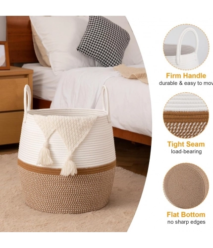 Generic Cotton Matka With Handle 14x12 Inch Storage Basket For Clothes With Out Lid (Beige-White)