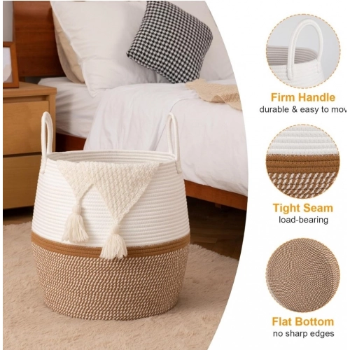 Generic Cotton Matka With Handle 14x12 Inch Storage Basket For Clothes With Out Lid (Beige-White)
