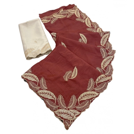 Generic Women's Chiffon Embroidered Saree With Unstitched Blouse 5.5Mtr (Maroon)