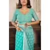 Generic Women's Faux Linen Leaf Print Ready to wear Saree With Unstitched Blouse 5.5Mtr (SeaGreen)