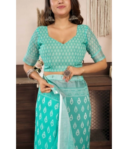 Generic Women's Faux Linen Leaf Print Ready to wear Saree With Unstitched Blouse 5.5Mtr (SeaGreen)