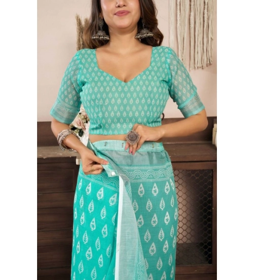 Generic Women's Faux Linen Leaf Print Ready to wear Saree With Unstitched Blouse 5.5Mtr (SeaGreen)