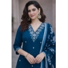 Generic Women's Chanderi Silk Ethnic Motif V-Neck 3/4th Sleeve Kurti With Pant Dupatta Set (Teal)