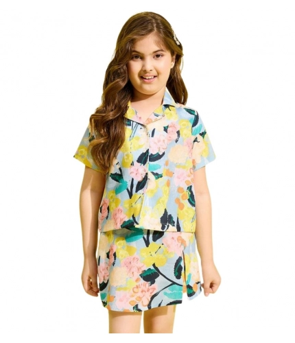 Generic Girl's Polyester Cotton Blend Pattern-Floral Short Sleeves Skorts Set (Blue-Multicolor) Generic Girl's Polyester Cotton Blend Pattern-Floral Short Sleeves Skorts Set (Blue-Multicolor)