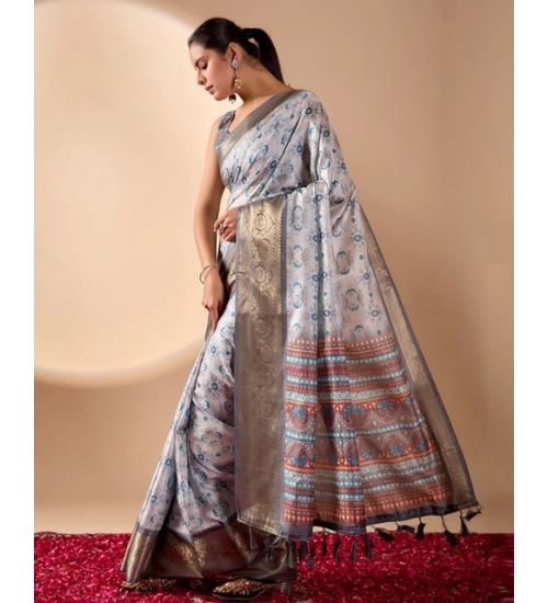 Generic Women's Faux_Art_Silk Printed Saree With Unstitched Blouse 5.5Mtr (Silver)