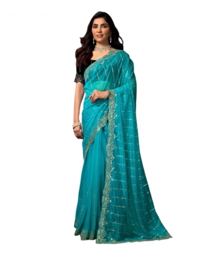 Generic Women's Net Sequence Saree With Unstitched Blouse 5.5Mtr (Turquoise)