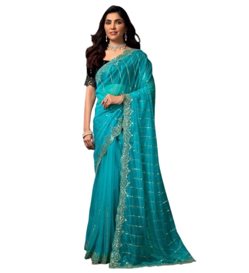 Generic Women's Net Sequence Saree With Unstitched Blouse 5.5Mtr (Turquoise)