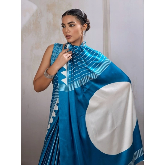 Generic Women's Satin Crepe Printed Saree With Unstitched Blouse 5.5Mtr (Rama Blue)