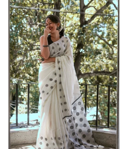 Generic Women's Soft Lilan Printed Saree With Unstitched Blouse 5.5Mtr (White)