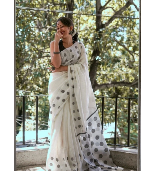 Generic Women's Soft Lilan Printed Saree With Unstitched Blouse 5.5Mtr (White)