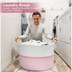 Generic Cotton Dori 16x14 Inch Storage Basket For Clothes With Out Lid (White-Pink-White)