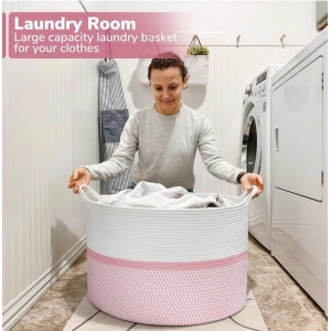 Generic Cotton Dori 16x14 Inch Storage Basket For Clothes With Out Lid (White-Pink-White)