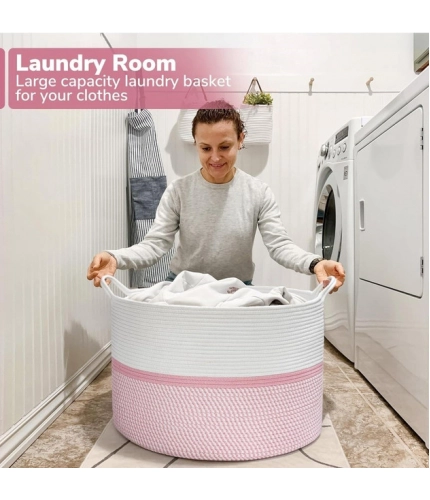 Generic Cotton Dori 16x14 Inch Storage Basket For Clothes With Out Lid (White-Pink-White)