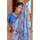 Generic Women's Printed Cotton Linen Saree withPrinted  Saree With Unstitched Blouse (Blue, 5-6Mtrs)