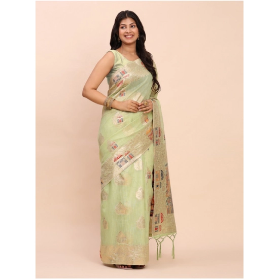 Generic Women's Linen Cotton Printed Saree With Unstitched Blouse 5.5Mtr (Light Green)