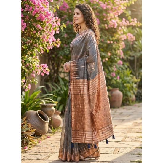 Generic Women's Linen Cotton Printed Saree With Unstitched Blouse 5.5Mtr (Grey) Generic Women's Linen Cotton Printed Saree With Unstitched Blouse 5.5Mtr (Grey)