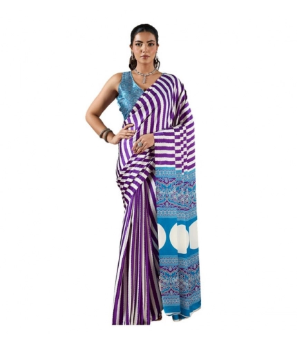 Generic Women's Satin Crepe Printed Saree With Unstitched Blouse 5.5Mtr (Purple)