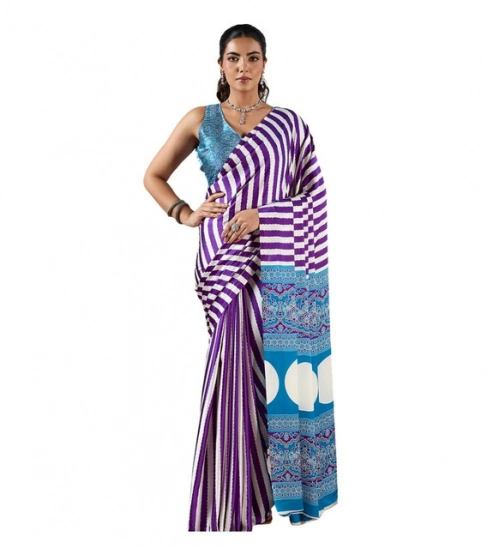 Generic Women's Satin Crepe Printed Saree With Unstitched Blouse 5.5Mtr (Purple)