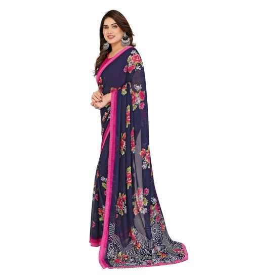 Generic Women's Georgette Printed Saree With Unstitched Blouse 5.5Mtr (Blue)