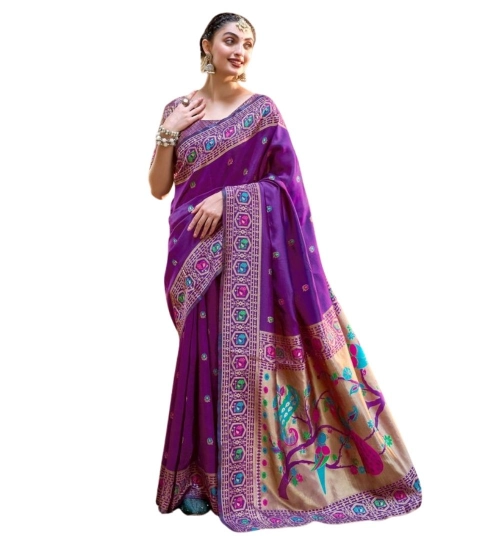 Generic Women's Silk Blend Paithani Weaving Saree With Unstitched Blouse 5.5Mtr (Purple)