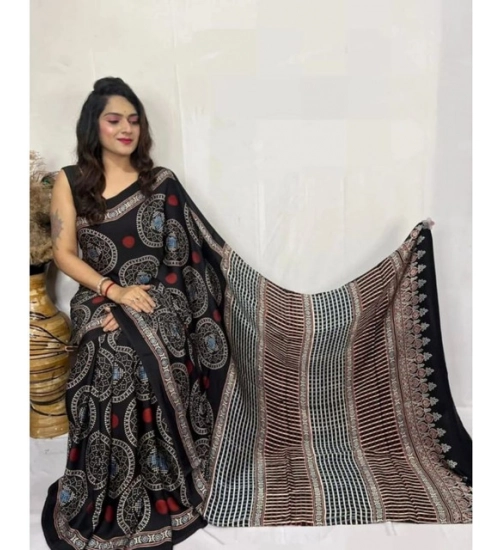 Generic Women's Satin Printed Saree With Unstitched Blouse 5.5Mtr (Black)