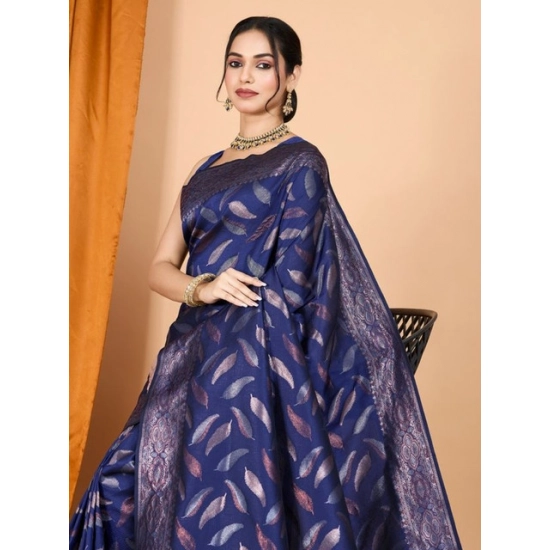 Generic Women's Soft Silk Jacquard Saree With Unstitched Blouse 5.5Mtr (Navy Blue)