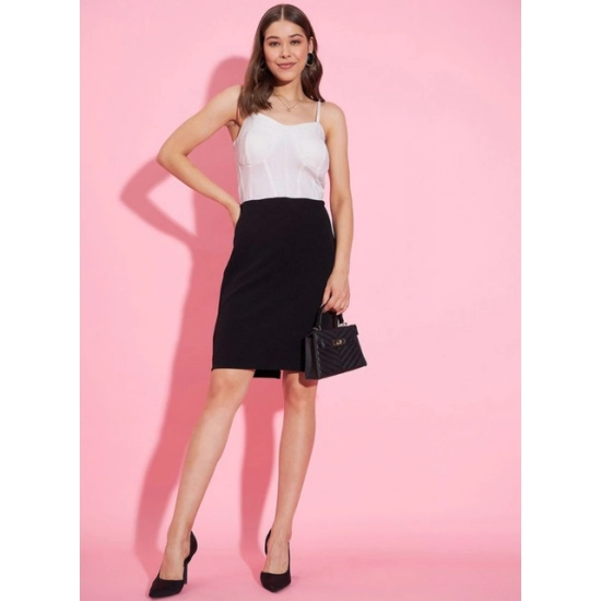 Generic Women's Polyester Lycra Color Blocking Shoulder Straps Dress (White - Black) Generic Women's Polyester Lycra Color Blocking Shoulder Straps Dress (White - Black)