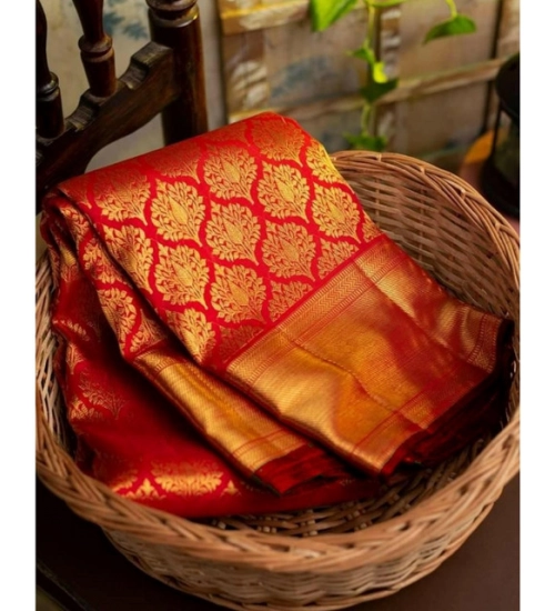 Generic Women's Soft Litchi Silk Jacquard Work Saree With Unstitched Blouse 5.5Mtr (Red)