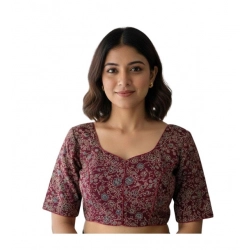 Generic Women's Ajrakh Cotton Round Neck Padded Blouse (Purple, 38 Ready Size (Self-Alterable 36–40)