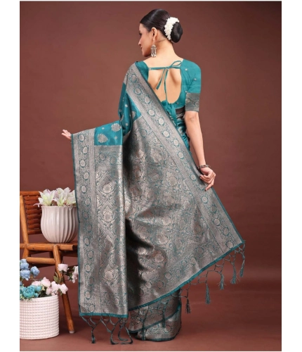 Generic Women's Banarasi Silk Printed Saree With Unstitched Blouse 5.5Mtr (Sea Green)