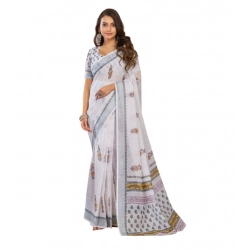 Generic Women's Linen Cotton Printed Ready To Wear Saree With Unstitched Blouse 5.5 Mtr (Off_White)