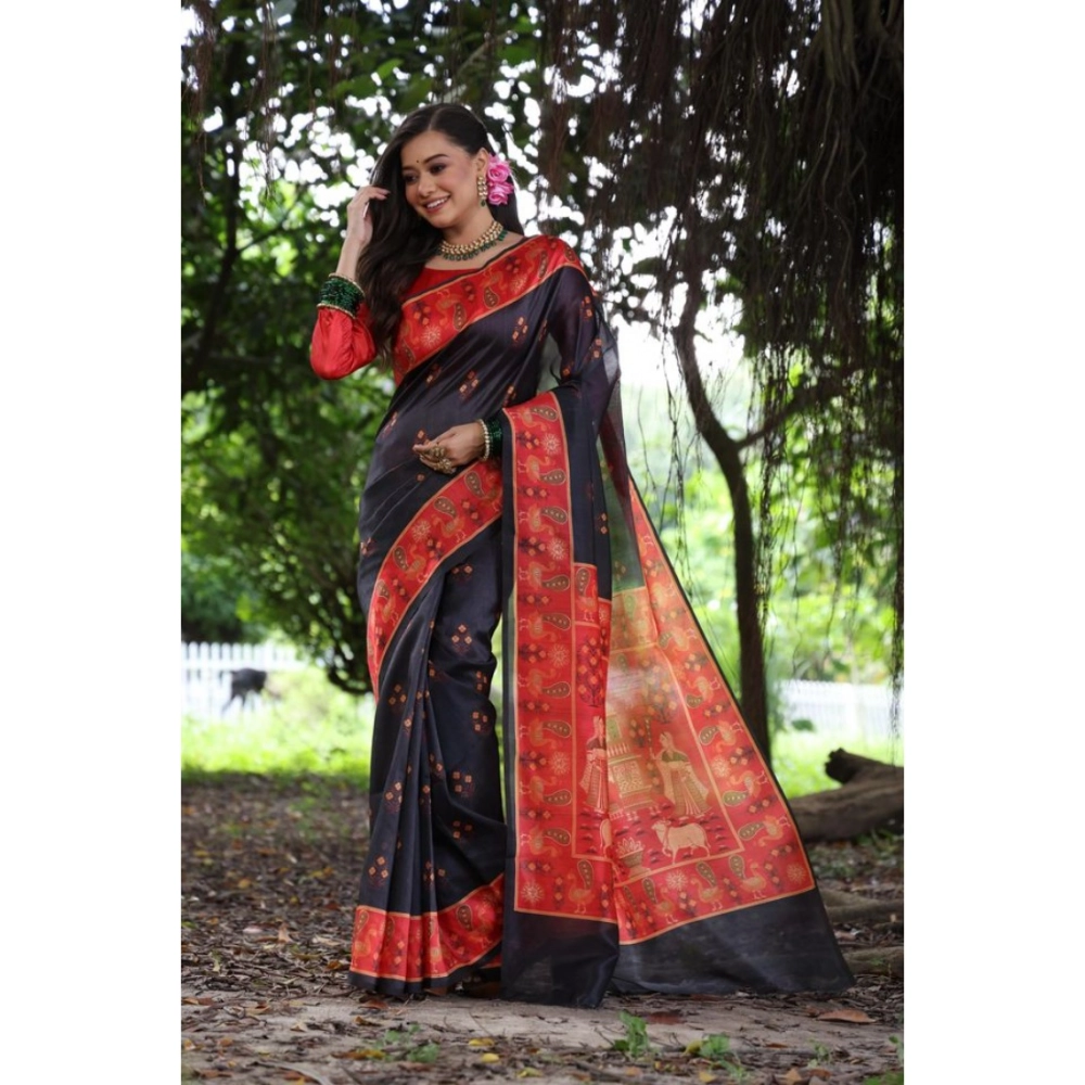 Generic Women's Faux_Tussar_Silk Printed Saree With Unstitched Blouse 5.5Mtr (Black)