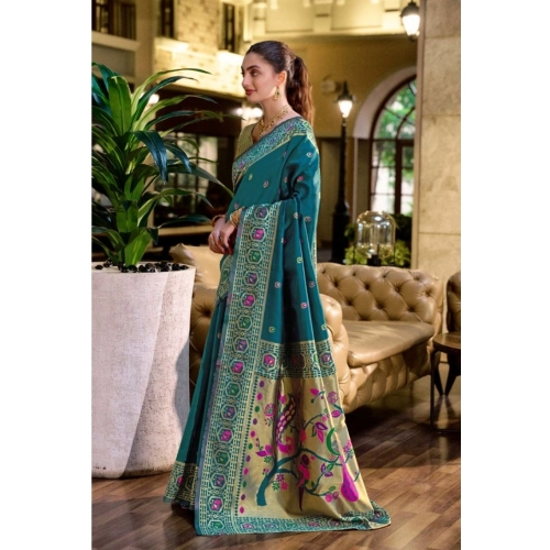 Women's Silk Blend Paithani Weaving Saree With Unstitched Blouse 5.5Mtr (Teal)