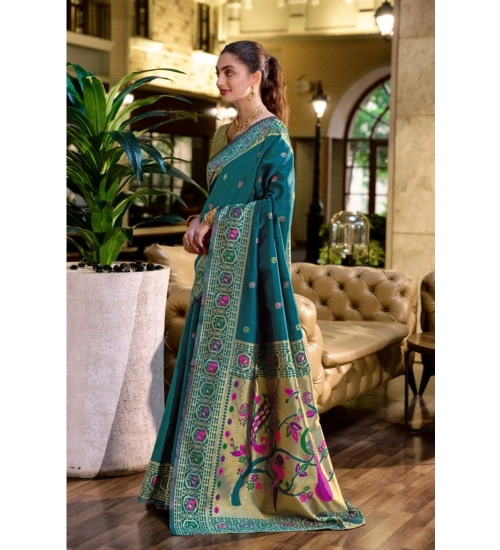 Generic Women's Silk Blend Paithani Weaving Saree With Unstitched Blouse 5.5Mtr (Teal)