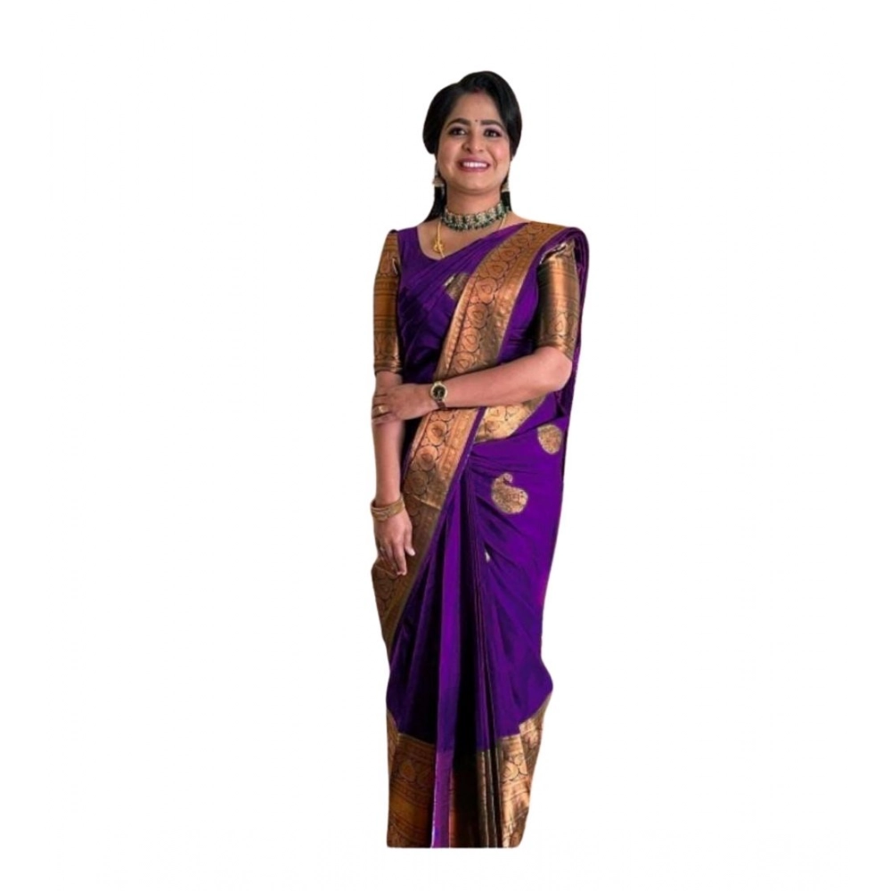 Generic Women's Soft Lichi Silk Printed Saree With Unstitched Blouse 5.5Mtr (Purple)