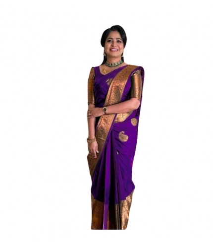 Generic Women's Soft Lichi Silk Printed Saree With Unstitched Blouse 5.5Mtr (Purple)