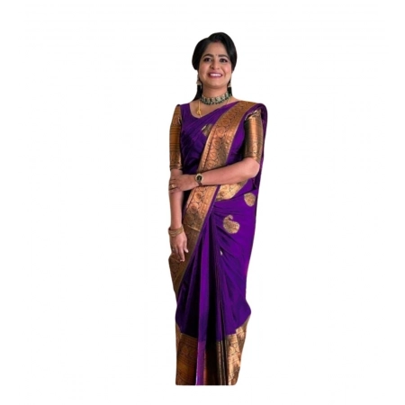 Generic Women's Soft Lichi Silk Printed Saree With Unstitched Blouse 5.5Mtr (Purple)