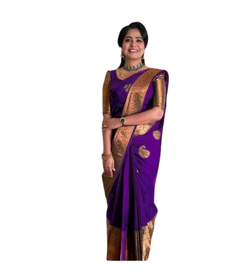 Generic Women's Soft Lichi Silk Printed Saree With Unstitched Blouse 5.5Mtr (Purple)