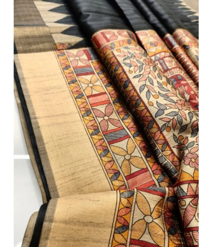 Generic Women's Tussar Silk Madhubani Saree With Unstitched Blouse 5.5Mtr (Black)