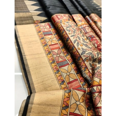 Generic Women's Tussar Silk Madhubani Saree With Unstitched Blouse 5.5Mtr (Black)