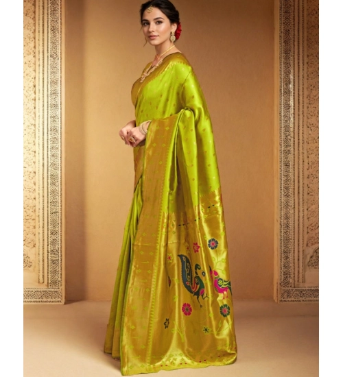 Generic Women's Silk Blend Zari Weaving Saree With Unstitched Blouse 5.5Mtr (Lime-Green)