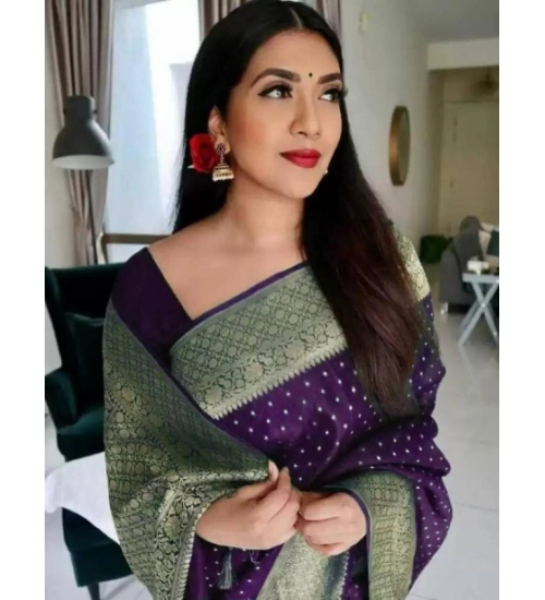 Generic Women's Litchi silk Printed Saree With Unstitched Blouse (Purple)