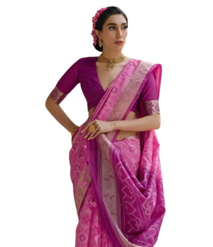 Generic Women's Silk_Blend Ethnic Ikat Pattern Saree With Unstitched Blouse 5.5Mtr (Pink)