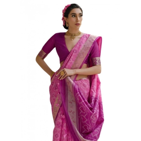Generic Women's Silk_Blend Ethnic Ikat Pattern Saree With Unstitched Blouse 5.5Mtr (Pink)