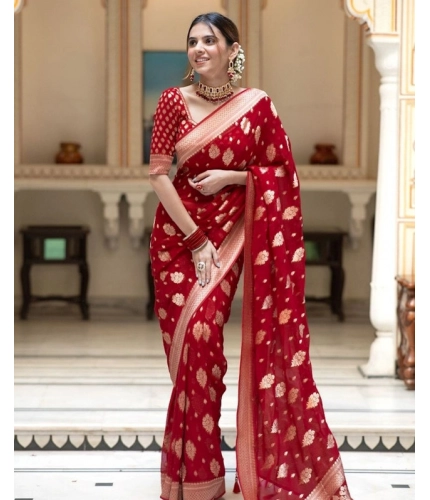 Generic Women's Soft Lichi Silk Printed Saree With Unstitched Blouse 5.5Mtr (Red)